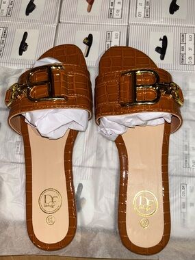 Cognac Croc-Embossed Slide Mules with Gold Buckle